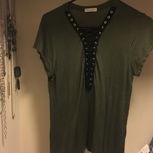 Olive cotton top with tie detail